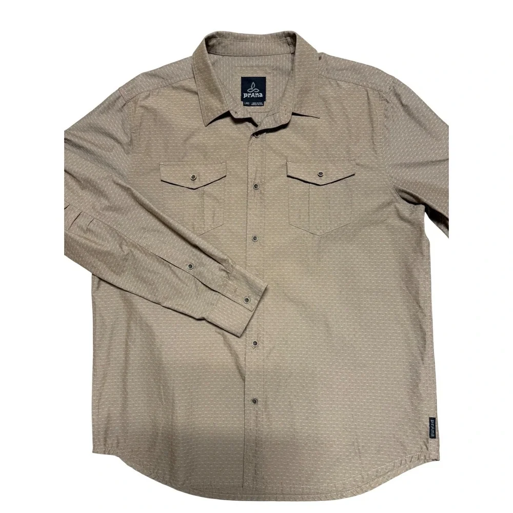 Prana Mens Large Brown Geometric Print Roll Tab Long‎ Sleeve Button Up Shirt LRG